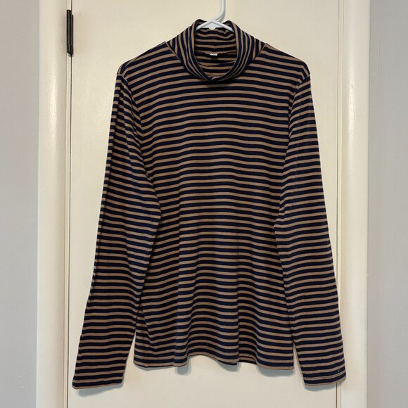 J. Crew #BB750 Women's Navy/Tan Stripe Printed Tissue Turtleneck Shirt Top XL - Picture 1 of 9